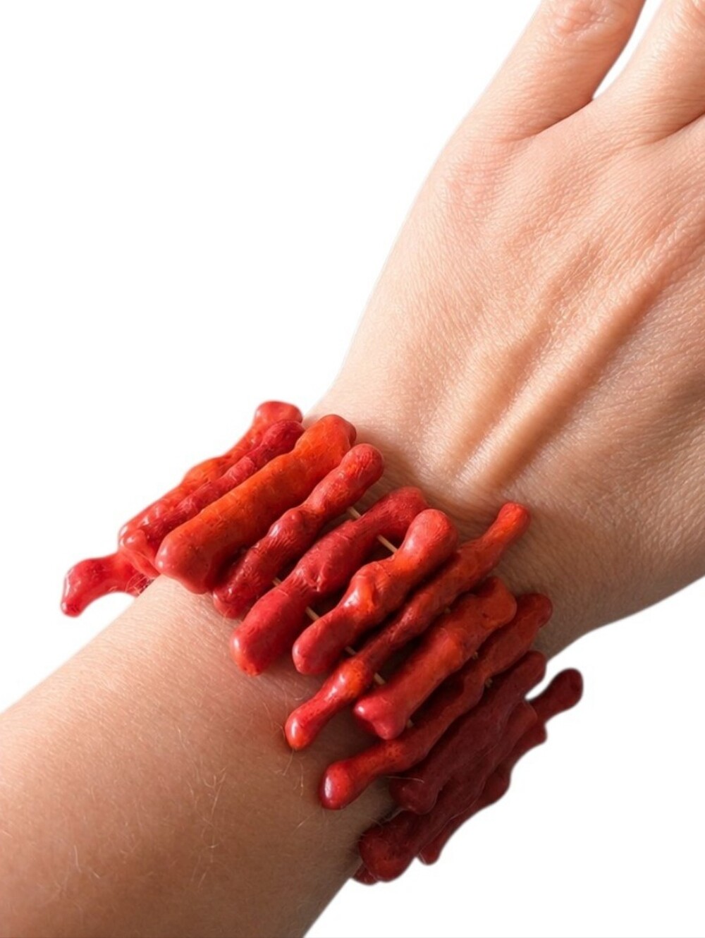 Vintage Red Coral Stick Branch Bamboo Bead Stretch Bracelet Elastic Wide Chunky